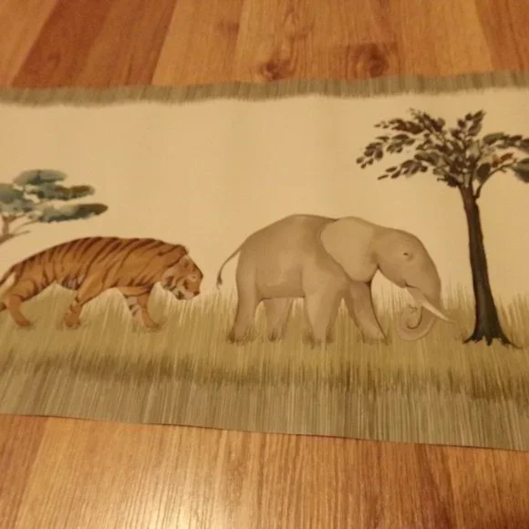 African Safari Animals Tiger Elephant Giraffe Green Grass Cream Wallpaper Border - Picture 8 of 15